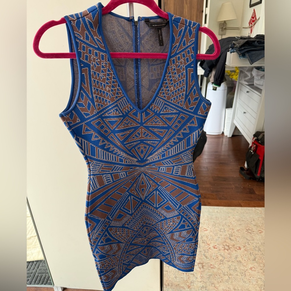 BCBGMaxAzria Blue and Brown Bodycon Mini Dress